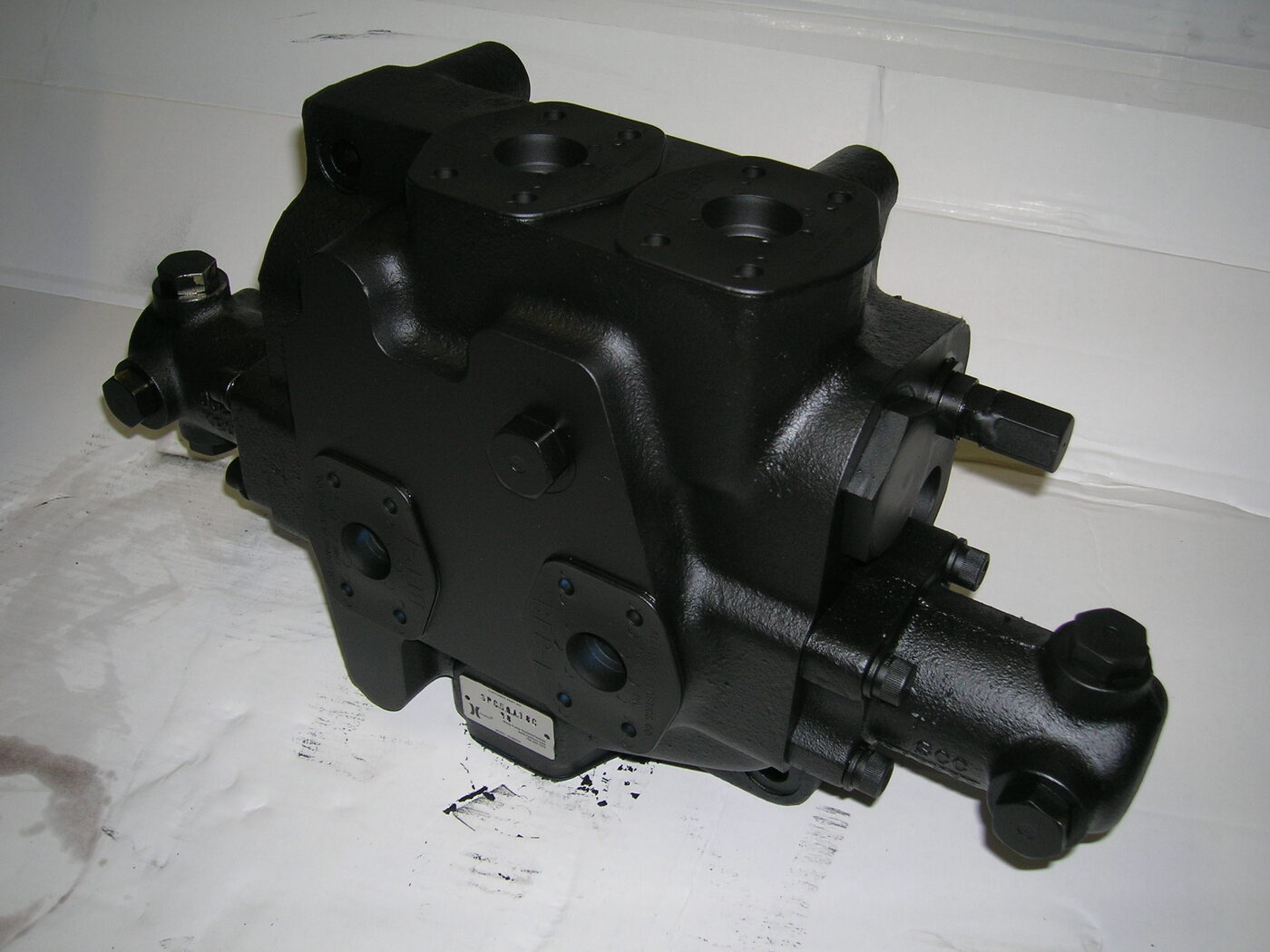 SPC50 painted pressure compensator valve assembly on shop floor